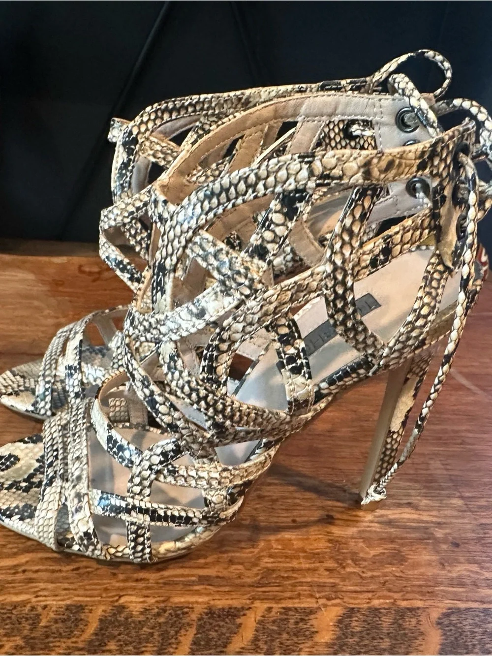 Topshop Snake-Print Lace-Up Strappy Heels in Black & Cream